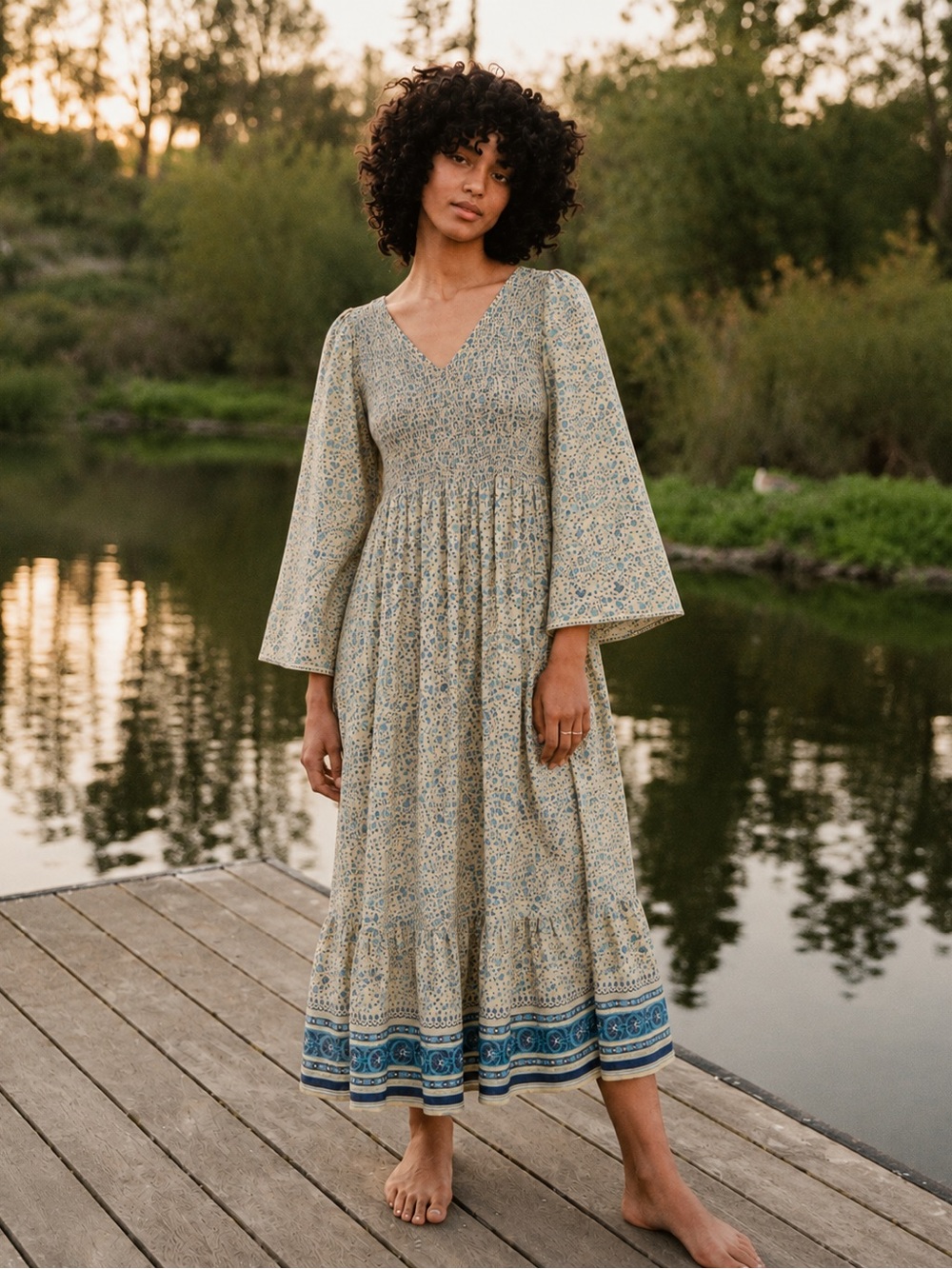 Christy Dawn Basil Smocked Maxi Dress in Larkspur Ditsy Field Silk Cotton Boho